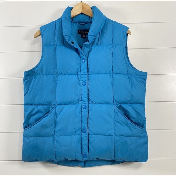 Lands‎ End Womens Snap Front Quilted Down Puffer Vest sz M Blue Outdoor Preppy - Picture 1 of 8